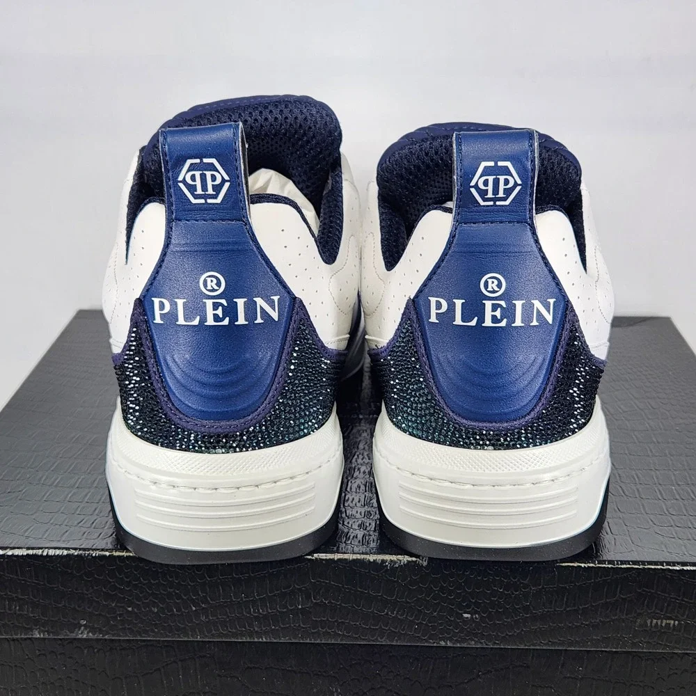 Philipp Plein Mix Leather Lo-Top Sneakers Mens Size 9 White Dark Blue Crystal
